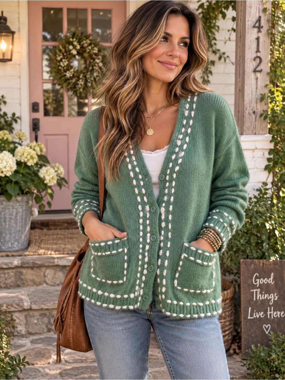 Lulu's Sage Green V-Neck Button Cardigan with Contrast Stitching